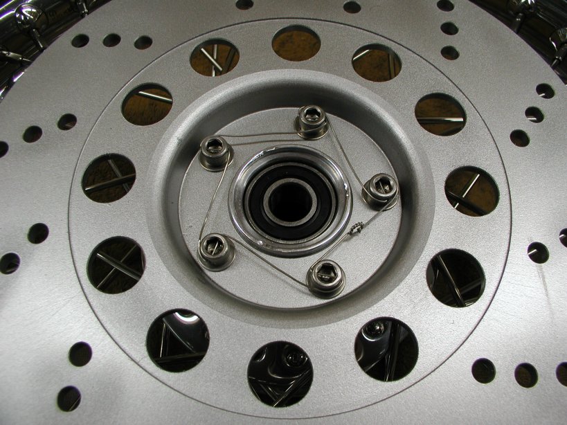 A wheel showing how the safety wire is strung
